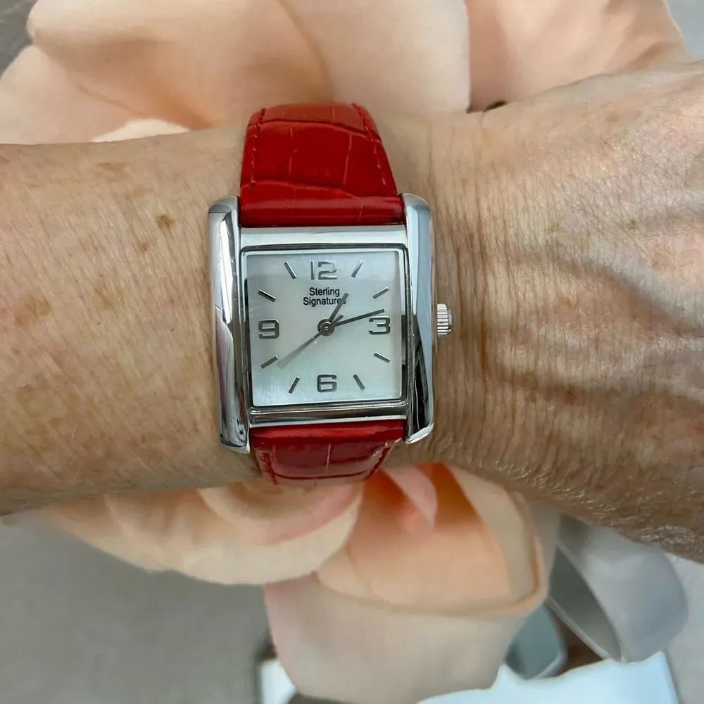 Sterling Signatures 925 Silver Tank Style Watch Mother of Pearl Dial Red Leather - Picture 8 of 16